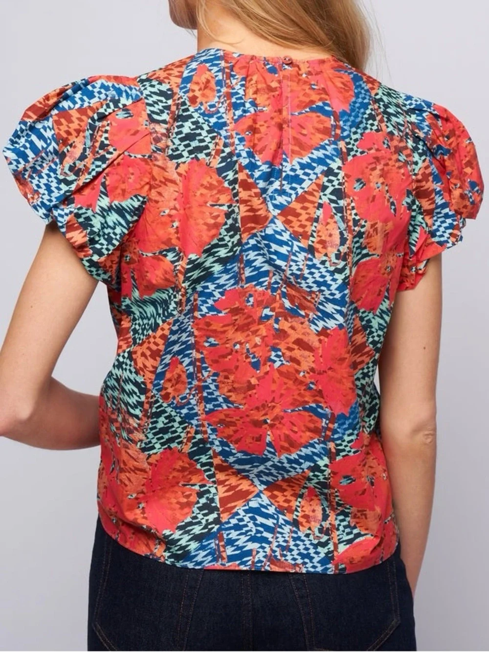 Ulla Johnson Iren Orange & Blue Cotton Puff Sleeve Blouse Top Size 0